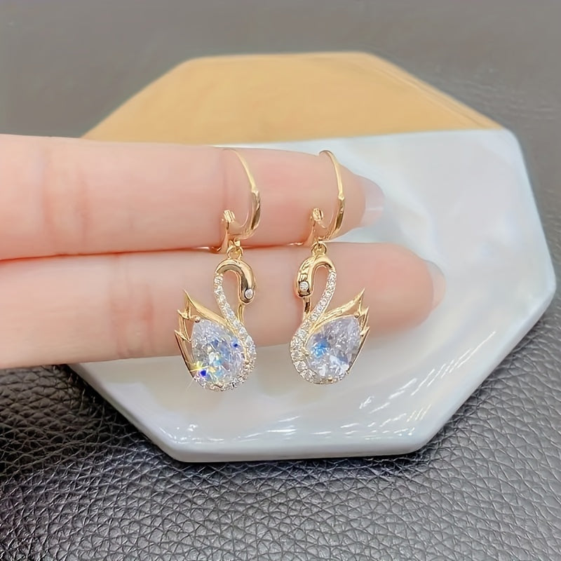 1 pair of golden swan and synthetic crystal decorative earrings - sparkling and elegant daily party earring gift Bee's to Find