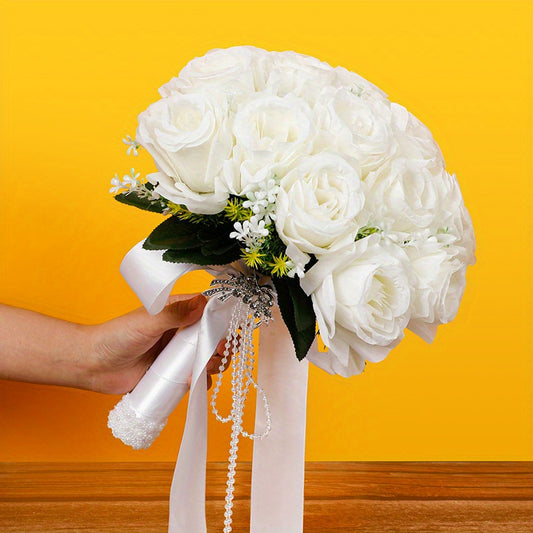 1pc Elegant White Rose Bridal Bouquet - Perfect Wedding Hand Bouquet for Brides and Bridesmaids Bee's to Find