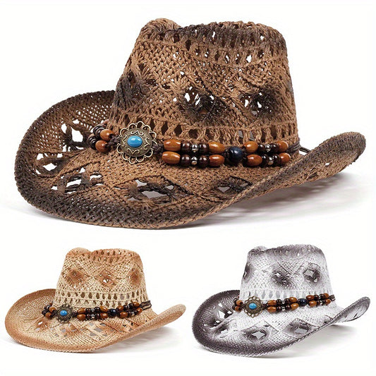 Women's Western Cowboy Hat With Beaded Hatband, Summer Hollow Out Straw Hat, Sun Protection Wide Brim Hat, Beach Festival Hat Bee's to Find