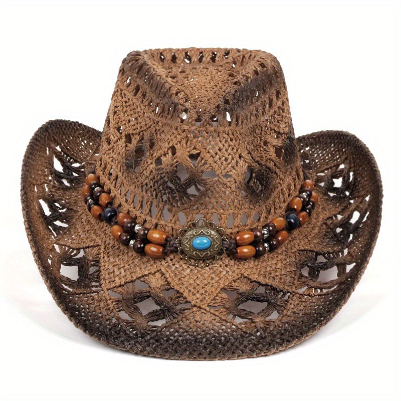 Women's Western Cowboy Hat With Beaded Hatband, Summer Hollow Out Straw Hat, Sun Protection Wide Brim Hat, Beach Festival Hat Bee's to Find