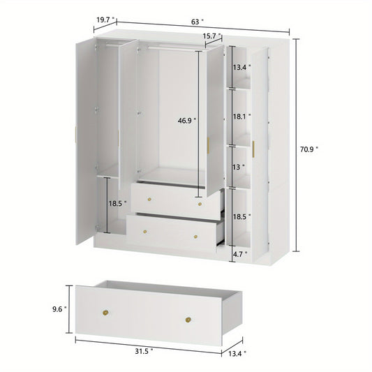 Wardrobe Armoire with Mirror, 5-Tier Shelves, 2 Drawers, 2 Hanging Rods and 4 Doors, Wooden Closet Storage Cabinet for Bedroom, White (63"W x 19.7"D x 70.9"H) Bee's to Find
