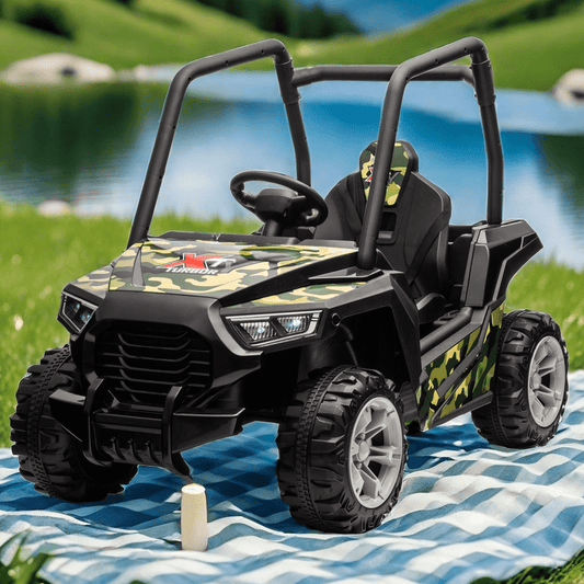 12V Dual-drive remote control electric Ride On Car, Battery Powered Ride-on Car Camouflage green, 4 Wheels toys vehicle, LED Headlights, music, USB. Bee's to Find