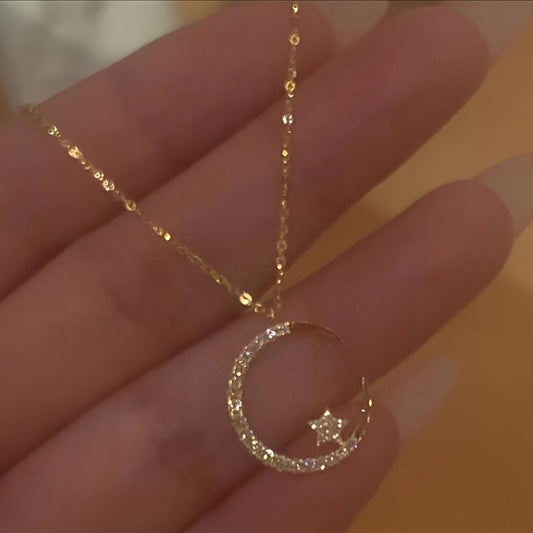 Star Moon Super Sparkle Exquisite Dainty Zircon Ramadan Pendant Necklace, Minimalist Elegant Lovely Versatile Daily Wear Clavicle Chain Jewelry Bee's to Find