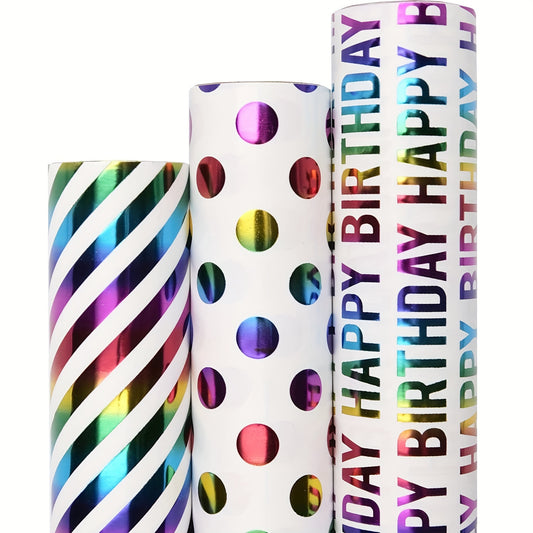 """3 rolls, 3 rolls Colorful Birthday Wrapping Paper Rolls - 3 Designs - 17"""" x 10' - Perfect for Gift Wrapping and Birthdays""" Bee's to Find