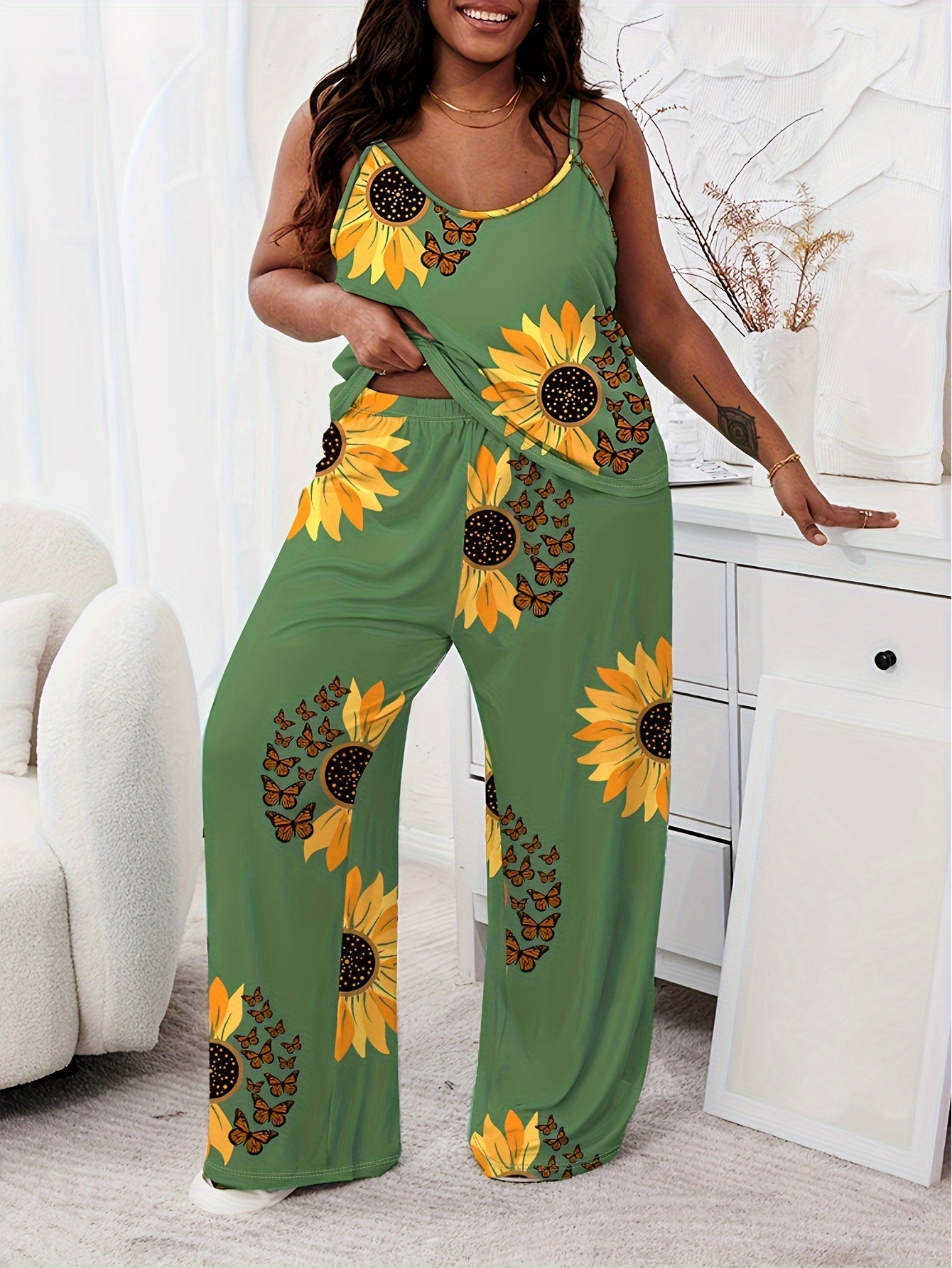 two piece Women's Plus Size Sunflower Print Pajama Set - Comfy Cami Top & Wide Leg Lounge Pants Bee's to Find