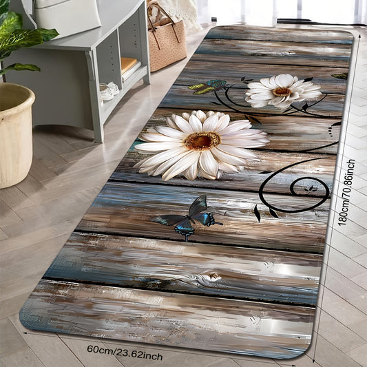 1pc Non-Slip Daisy Pattern Kitchen Mat with Striped and Butterfly Print - Stain-Resistant Area Rug for Laundry Room, Bathroom, and Dining Table - Indoor Home Decor and Shower Supplies - Bee's to Find