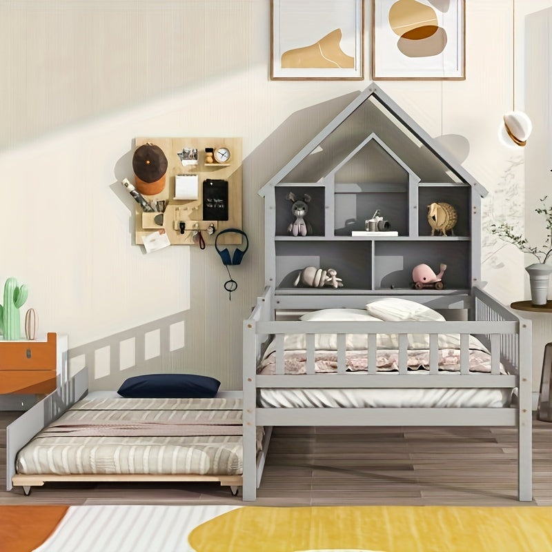 Twin Size House-Shaped Headboard with Fence Guardrails and Trundle  Grey Pine Place of Origin Viet Nam Simple High-end Atmosphere Minimal Storage DoubleTeen's Bed Bee's to Find