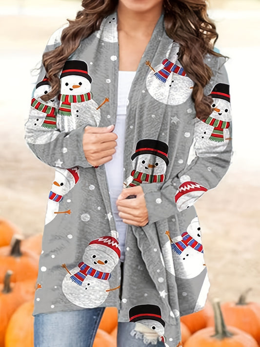 Women's Plus Size Christmas Cardigan with Hut & Snowflake Print - Casual and Cozy Open Front Sweater Bee's to Find