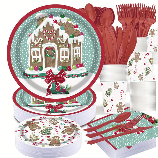 150 Pcs Gingerbread Party Paper Dinner Plates Tablewares and Napkins, for Christmas Holiday and Winter Party, 25 Set Gingerbread Cookies, Gumdrops, and Peppermints Party Plates, Perfect for Christmas Holly Party, US Express Delivery Bee's to Find