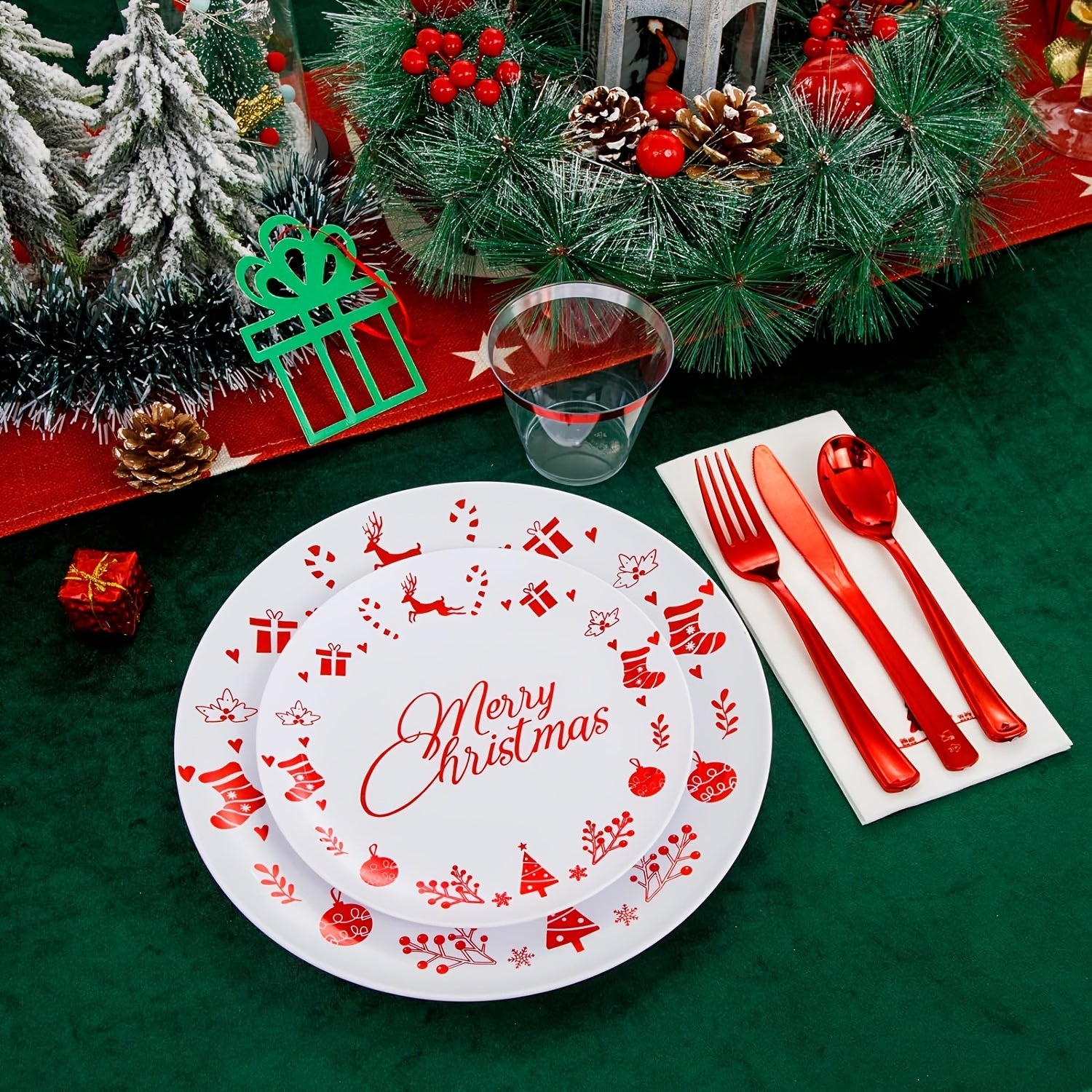175PCS Red and White Plastic Plates - Disposable Christmas Plastic Plates Include 25 Dessert Plates, 25 Dinner Plates, 25 Knives, 25 Spoons, 25 Forks, 25 Cups, 25 Napkins Bee's to Find