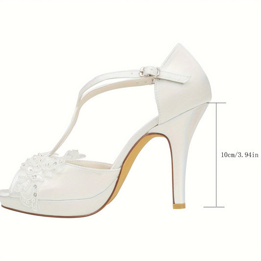 Women's Wedding Shoes, Silk Like Satin Stiletto Heel Peep Toe Platform With Stitching Lace Faux Pearl Evening Dress Shoes Bee's to Find
