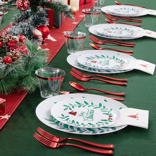175PCS Christmas plastic plates-White and Green Plates-Christmas party Plates include 50Christmas Wreath plates, 25Guests Red Disposable Cutlery, 25Cups, 25Christmas Tree Napkins Bee's to Find
