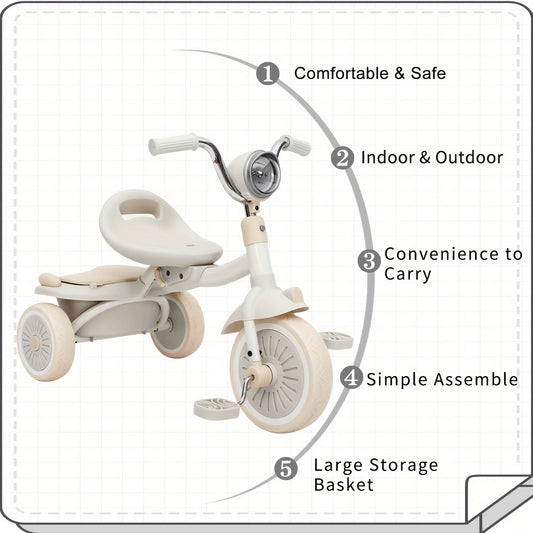 UBRAVOO Tricycle, Foldable Toddler Trike With Pedals, Unique PU Wheels With Elasticity Shock-absorbing Effect, Cool Lights, First Walker Trike Bee's to Find