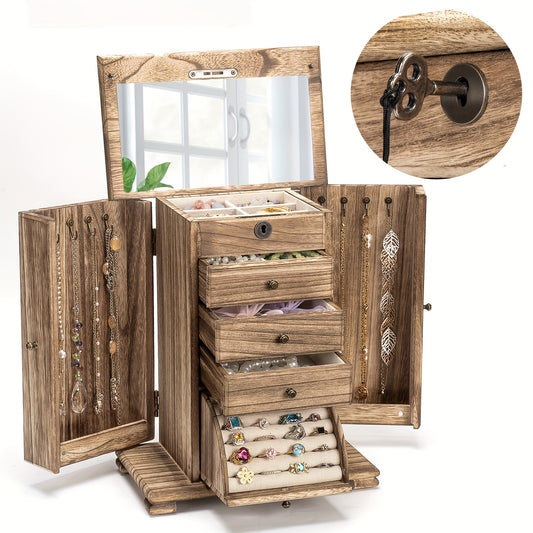 1PC Jewelry Boxes for Women, 5 Layer Large Wooden Jewelry Boxes & Organizers for Necklaces Earrings Rings Bracelets, Jewelry Organizer Box with Lock, Drawers and Mirror (Rustic Brown) Bee's to Find