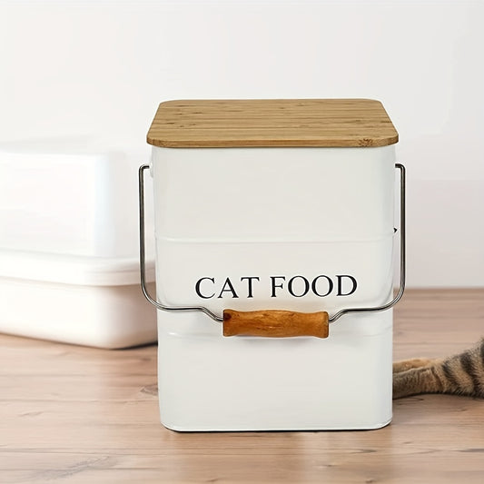 Sturdy Metal Cat Food Storage Container with Wooden Lid, Scoop, and Handle - Keep Your Pet's Food Fresh and Organized Bee's to Find