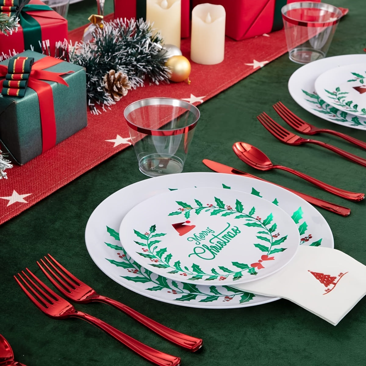 175PCS Christmas plastic plates-White and Green Plates-Christmas party Plates include 50Christmas Wreath plates, 25Guests Red Disposable Cutlery, 25Cups, 25Christmas Tree Napkins Bee's to Find