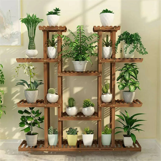 UNHO Multi-Tier Plant Stand, 46in Height Wood Flower Rack Holder 16 Potted Display Storage Shelves Indoor Outdoor for Patio Gard - Bee's to Find
