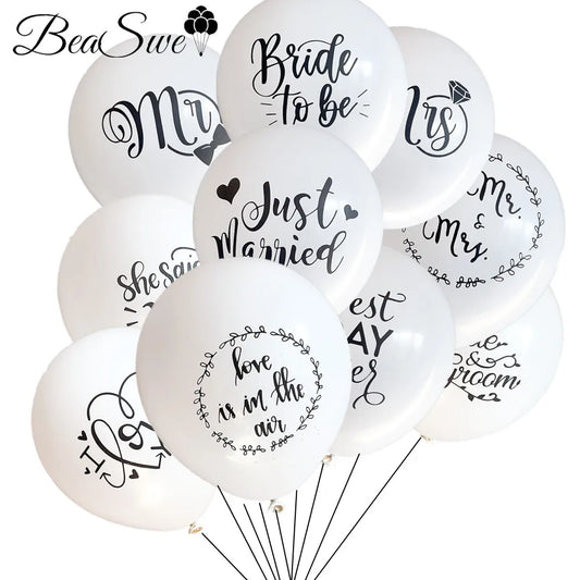 12pcs/bag 10inch White Mr. Mrs. Love in the air Wedding Latex Balloons Helium/Air Just Married Engagement Decorazioni Matrimonio - Bee's to Find