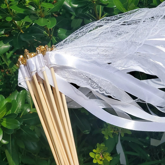 White Ribbon Wands Fairy Sticks Wedding Twirling Lace Streamers With Golden Silver Bell Party Cheering Prop Favor for wedding - Bee's to Find