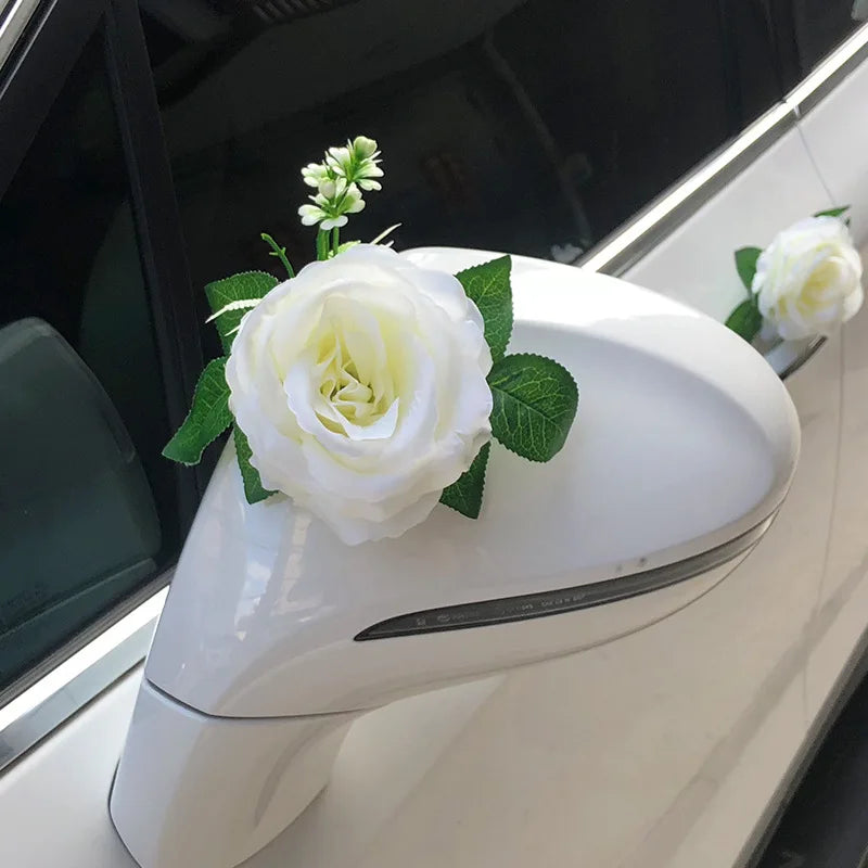 White Rose Artificial Flower for Wedding Car Decoration Bridal Car Decorations Door Handle Ribbons Silk Flower Bee's to Find