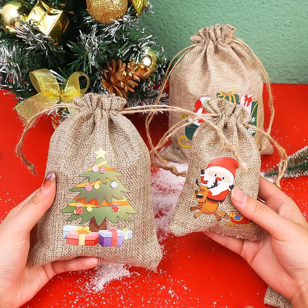 1/10PCS Christmas Linen Drawstring Bags Candy Biscuits Pouchs Burlap Bracelet Jewelry Storage Bags Xmas Kids Gift Packaging Bags Bee's to Find