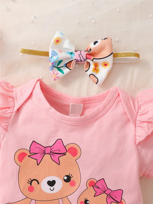 0-2Years Newborn Baby Girl Daily Clothes Set Cartoon Bear Short Sleeve Romper + Shorts with Headband Summer Lovely 3PCS Outfit - Bee's to Find