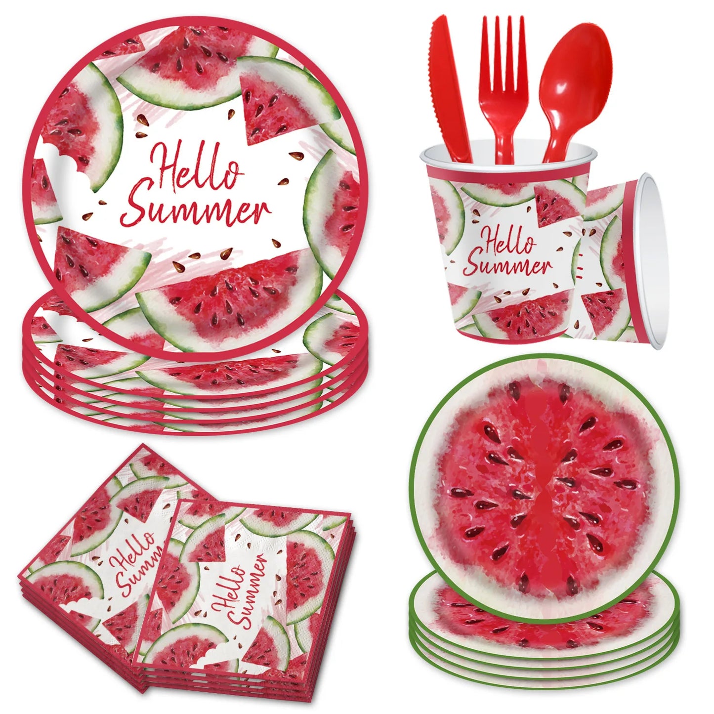 1pack Watermelon Disposable Tableware Paper Plates Cake Toppers for Summer WatermelonPool Birthday Party Decoration Supplies - Bee's to Find
