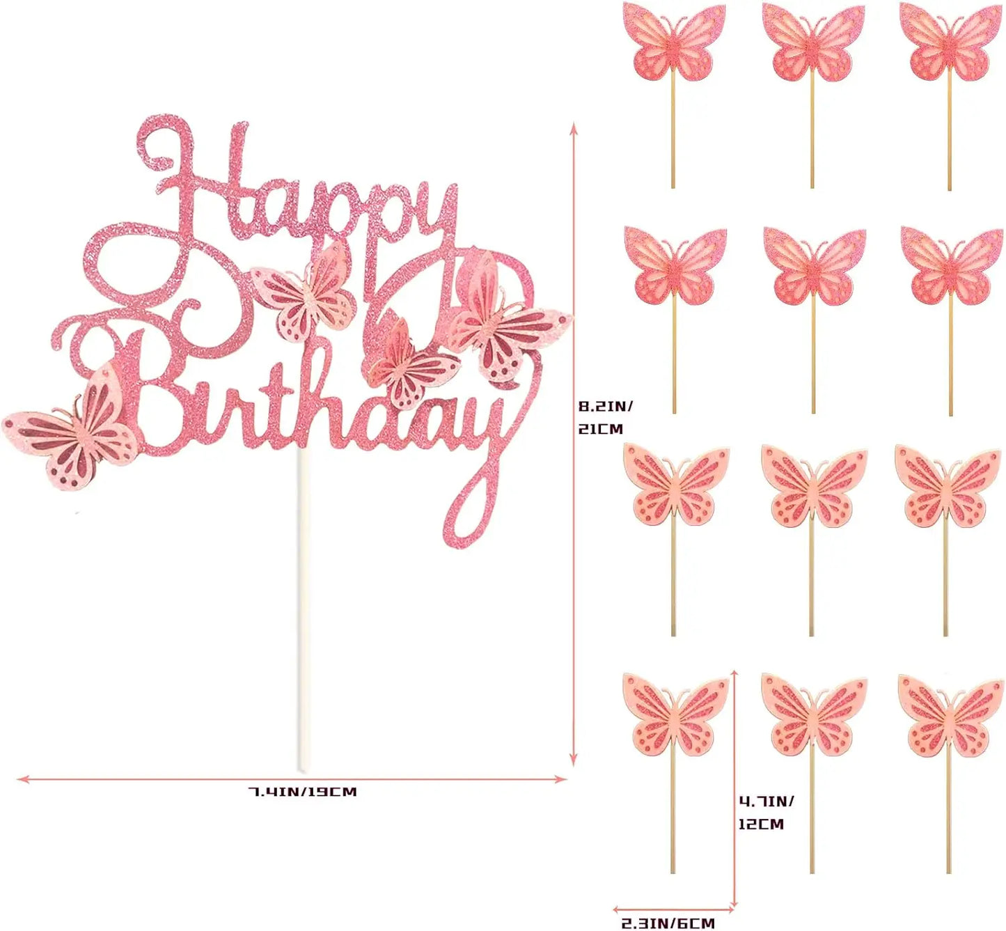 13pcs Pink Butterfly Cake Toppers Happy Birthday Cake Topper 3D Butterfly Decorations for Baby Shower Birthday Cake Decorations - Bee's to Find