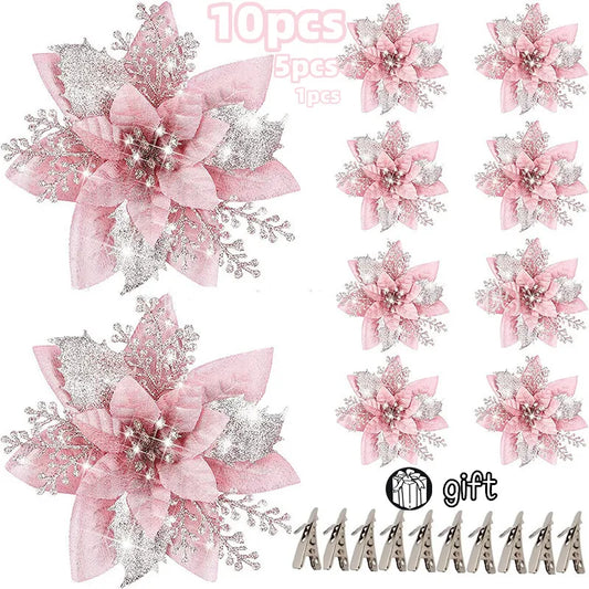 10/5/1pcs 14.5cm Glitter Artifical Christmas Flowers  Christmas Tree Decoration Happy New Year Ornaments Xmas Fake Flowers natal - Bee's to Find