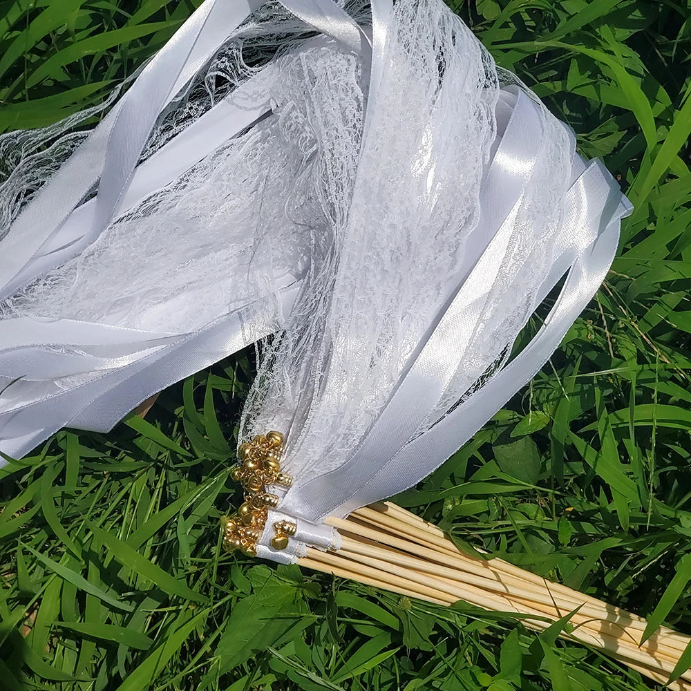White Ribbon Wands Fairy Sticks Wedding Twirling Lace Streamers With Golden Silver Bell Party Cheering Prop Favor for wedding - Bee's to Find