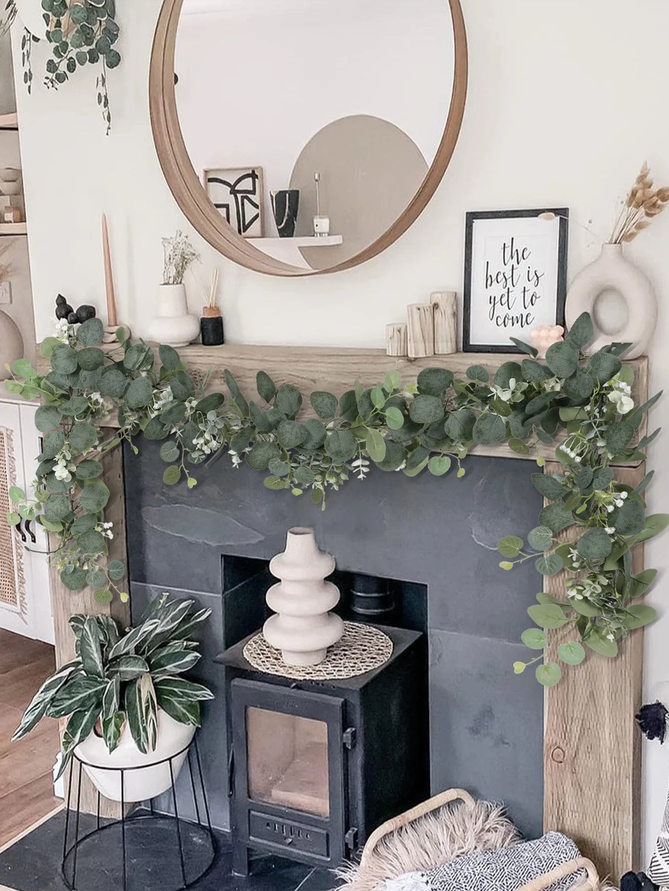 1pc Artificial Eucalyptus Leaves Greenery Garland Faux Plant Spring Vines with White Flowers Berries for Wedding Home Party Deco - Bee's to Find