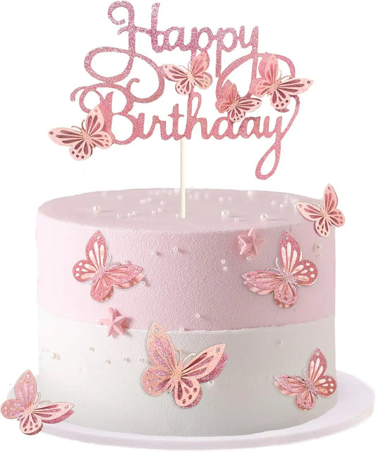 13pcs Pink Butterfly Cake Toppers Happy Birthday Cake Topper 3D Butterfly Decorations for Baby Shower Birthday Cake Decorations - Bee's to Find