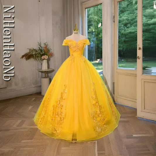 Summer New Yellow Quinceanera Dresses Luxury Lace Ball Gown Classic Boho Party Dress Sweet Flower Vestidos For Girls Bee's to Find