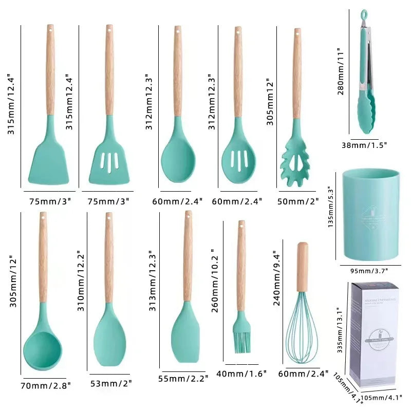 12Pcs Silicone Cooking Utensils Set Wooden Handle Kitchen Cooking Tool Non-stick Cookware Spatula Shovel Egg Kitchenware Beaters - Bee's to Find