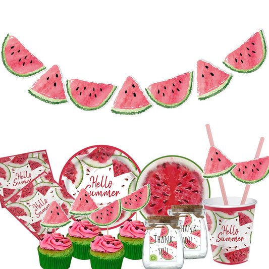 1pack Watermelon Disposable Tableware Paper Plates Cake Toppers for Summer WatermelonPool Birthday Party Decoration Supplies - Bee's to Find