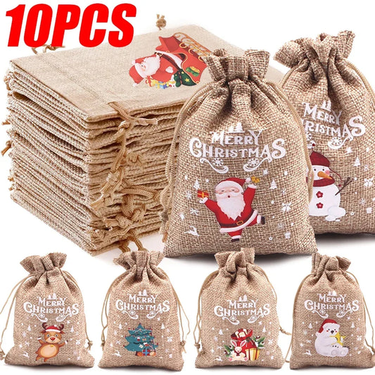 1/10PCS Christmas Linen Drawstring Bags Candy Biscuits Pouchs Burlap Bracelet Jewelry Storage Bags Xmas Kids Gift Packaging Bags Bee's to Find