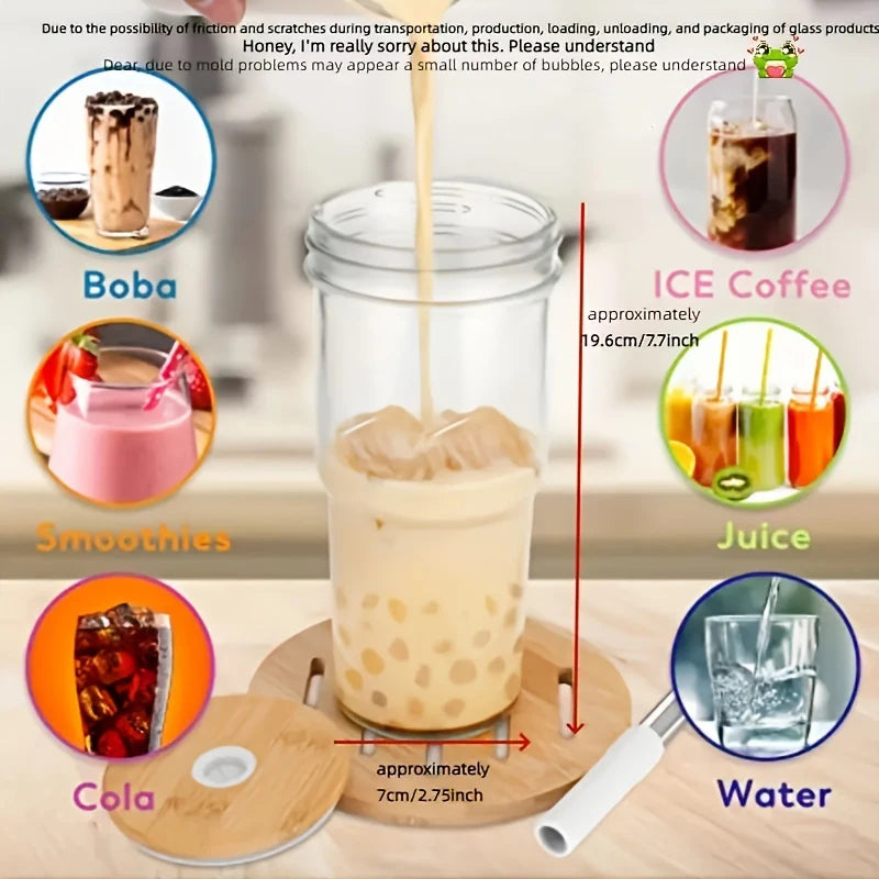 1PC Glass Cup Wooden Lid Bubble Tea Cold Drinking Coffee Wine Juice Milk Transparent Straw Car Mug Cup Drinkware Water Bottle - Bee's to Find
