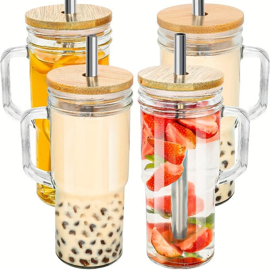 1PC Glass Cup Wooden Lid Bubble Tea Cold Drinking Coffee Wine Juice Milk Transparent Straw Car Mug Cup Drinkware Water Bottle - Bee's to Find