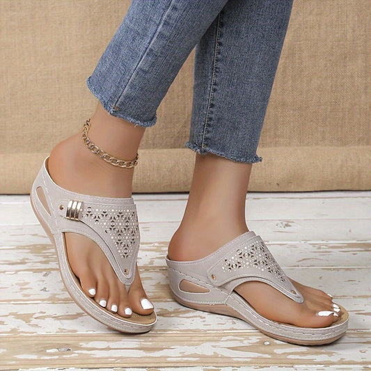 Women's Hollow Out Flip Flops, Casual Rhinestone Soft Sole Wedge Slide Shoes, All-match Comfy Beach Sandals Bee's to Find