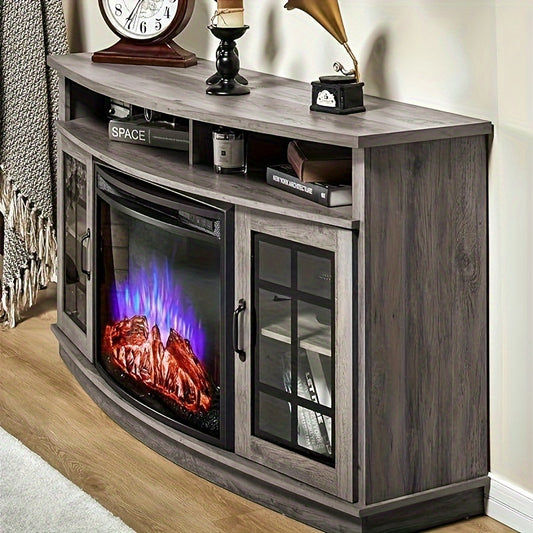 Wash Gray 59-Inch Curved Fireplace TV Stand: Farmhouse Style Entertainment Center with 26'' Electric Fireplace, Glass Door Storage Cabinet, and Open Shelves, Fits TVs up to 65" Bee's to Find