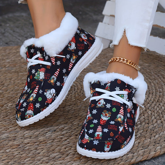 Women's Christmas Canvas Shoes - Santa Claus Pattern, Plush Lined Loafers for Winter Warmth and Style Bee's to Find