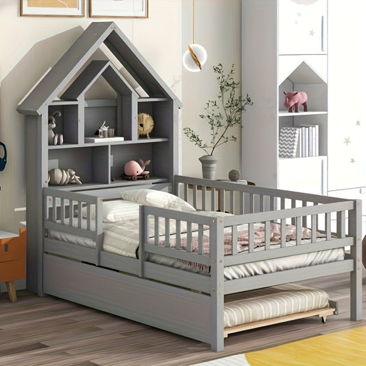 Twin Size House-Shaped Headboard with Fence Guardrails and Trundle  Grey Pine Place of Origin Viet Nam Simple High-end Atmosphere Minimal Storage DoubleTeen's Bed Bee's to Find