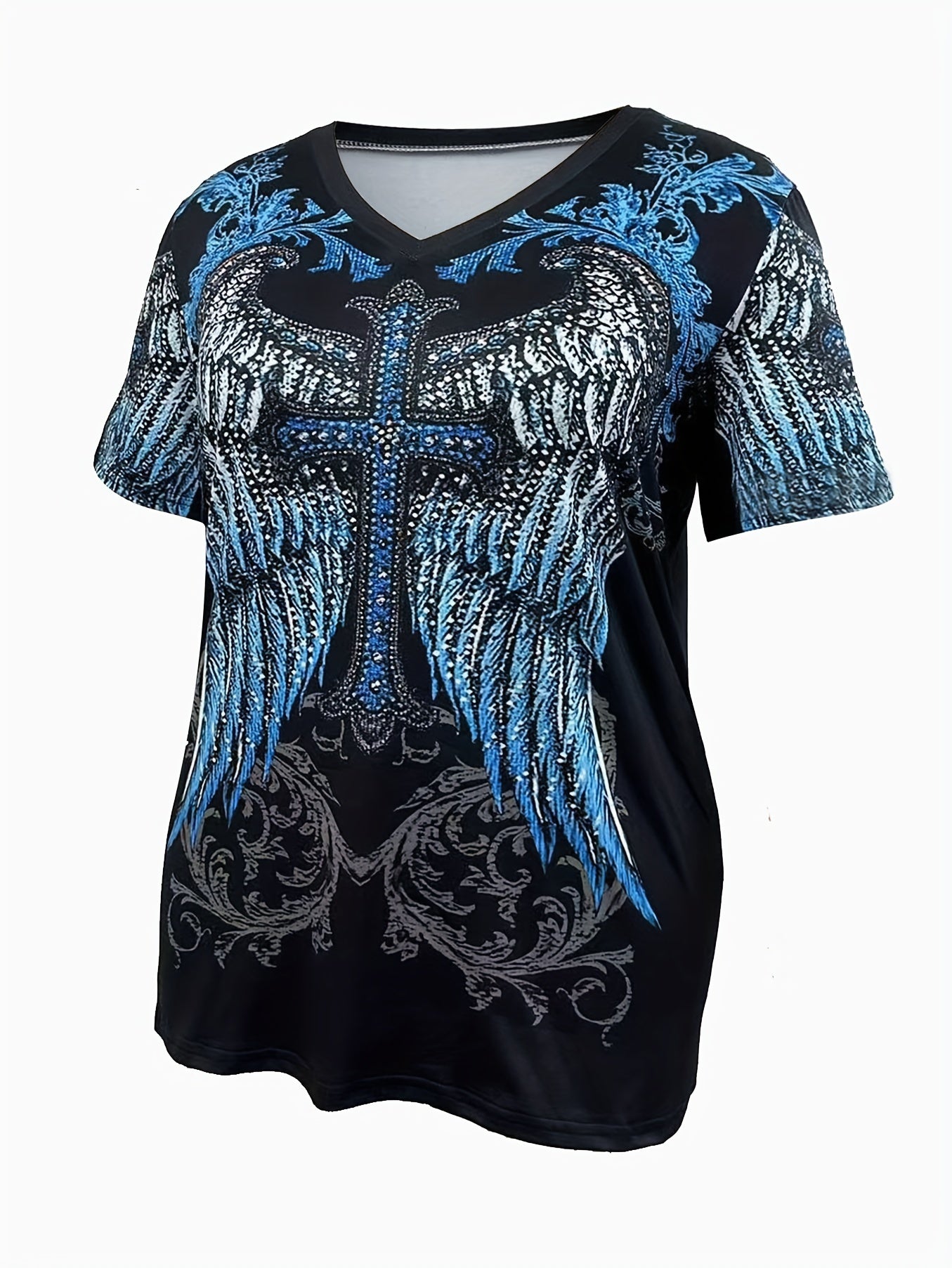 Women's Plus Size Cross Print T-Shirt - Casual V Neck Short Sleeve Tee for Comfortable and Stylish Everyday Wear Bee's to Find