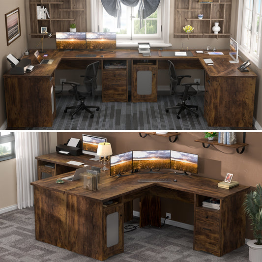 Unikito L Shaped Office Desk with Drawers, 60 Inch Corner Desk with Power Outlet and USB Charging Ports, Large Computer Desk with File Cabinets, Executive Desk with Storage Cabinet, Vintage Brown Bee's to Find