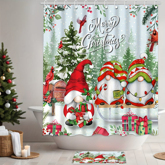 4 Pcs Merry Christmas Bathroom Shower Curtain Set, Christmas Bathroom Curtain with 12 Hooks, Non Slip Bathroom Rugs, Toilet Lid Cover, U Toilet Mat for Christmas Bathroom Decoration (Santa) Bee's to Find