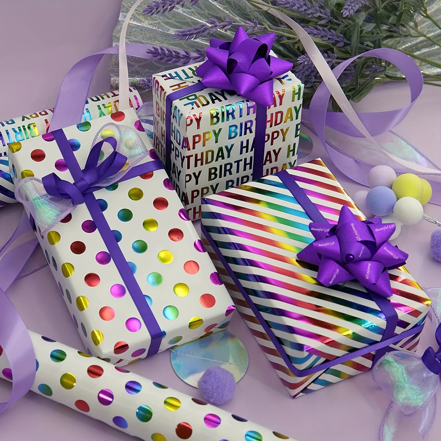 """3 rolls, 3 rolls Colorful Birthday Wrapping Paper Rolls - 3 Designs - 17"""" x 10' - Perfect for Gift Wrapping and Birthdays""" Bee's to Find