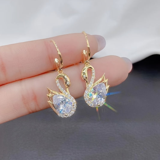 1 pair of golden swan and synthetic crystal decorative earrings - sparkling and elegant daily party earring gift Bee's to Find