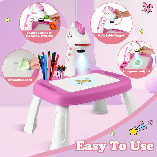 Unicorn Drawing Projector, Contains Drawing Board, Watercolor Pens, Pencils, Crayons, Scrapbook, Sticker Book, Unicorn Stickers, Stamps, Toys for Girls age 3+ Bee's to Find