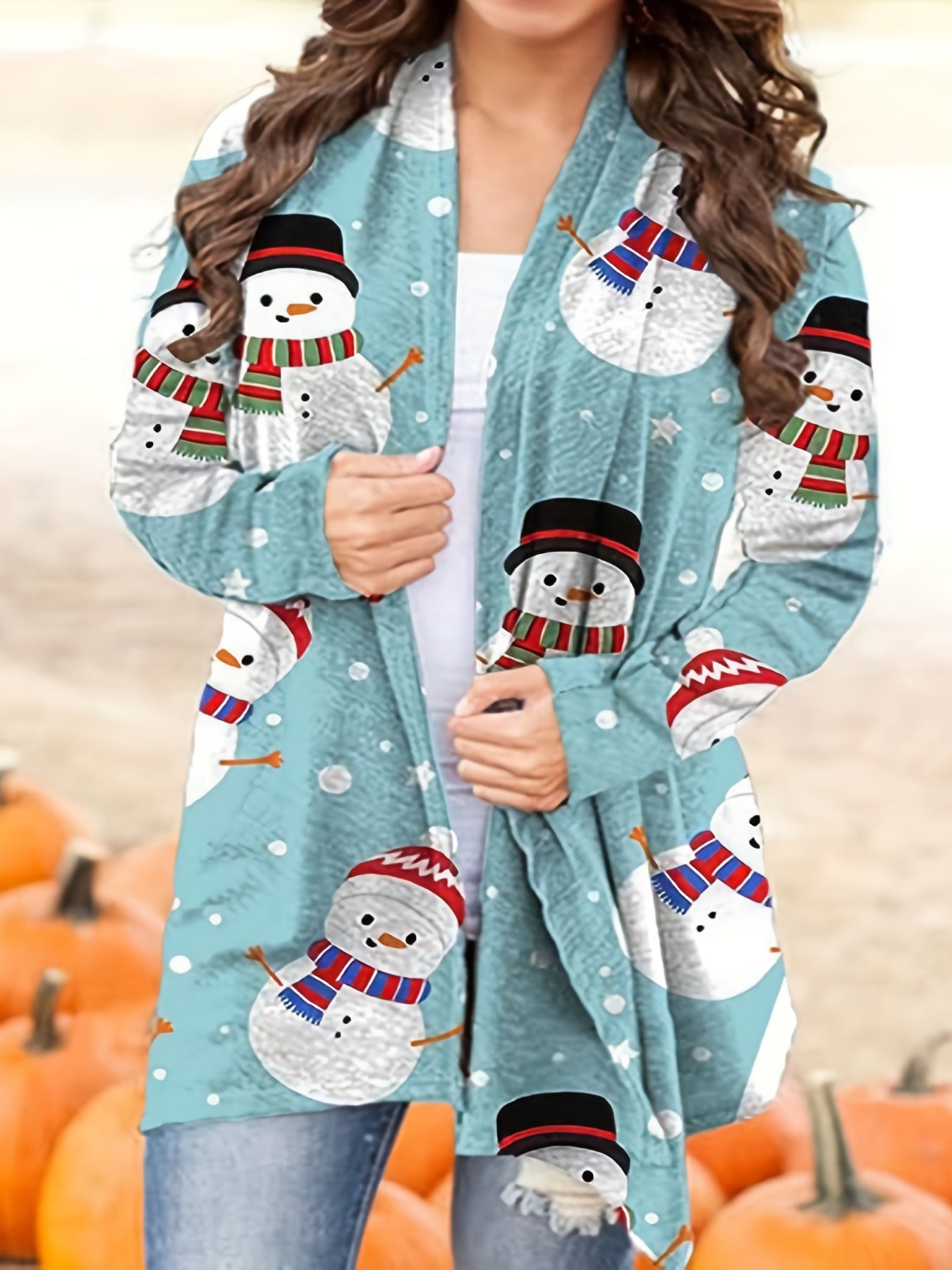 Women's Plus Size Christmas Cardigan with Hut & Snowflake Print - Casual and Cozy Open Front Sweater Bee's to Find