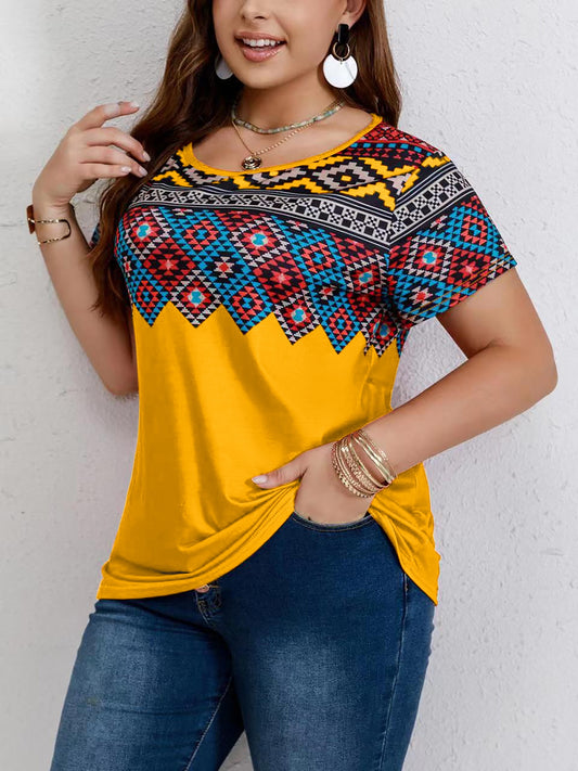 Women's Plus Size Southwestern Print Casual T-shirt with Short Sleeves and Round Neck - Comfortable and Stylish Bee's to Find